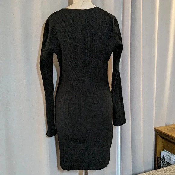 Reformation Black Mini Dress Long Sleeve Ruched Large Knit Ribbed Cally - Picture 4 of 8